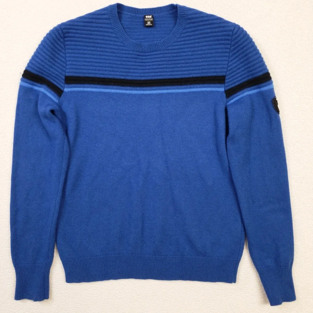 Helly Hansen Carv Knitted Sweater Mens Medium Blue Wool Blend Ribbed Pullover